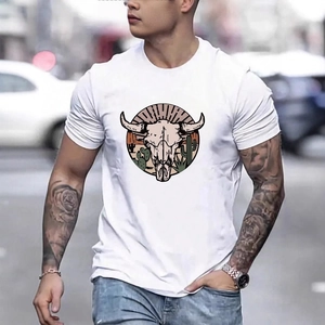 Men T-Shirt Cotton Round Neck Short Sleeve Western Bull Head Skull Cactus Desert Graphic Retro Casual Summer Top