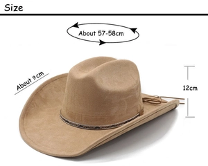 Detailed size chart of khaki faux suede cowboy hat with crown and brim measurements