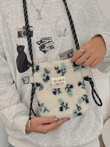 Floral fleece crossbody bag for phone and lipstick with adjustable braided rope strap