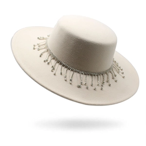 Wide Brim Wool Felt Fedora Hat With Rhinestone Tassel Fringe Retro Elegant Boater Hat For Women Party