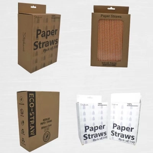 Detail of biodegradable paper straws in various bulk pack sizes and striped patterns