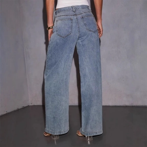 Women high-waisted wide-leg light blue jeans with a relaxed fit and back pocket detail