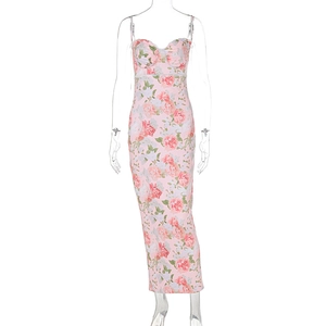 Detailed close-up of pink rose floral print on a slim fit maxi dress with heart neckline