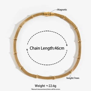 Golden magnetic mesh chain necklace 46cm long with 7mm bamboo style links in stainless steel