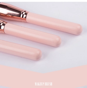 Detail of pink makeup brushes with rose gold metal ferrules and smooth handles