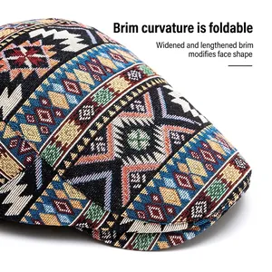 Ethnic pattern beret with a foldable wide brim featuring colorful jacquard weave fabric