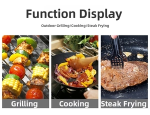 Macro detail of versatile stainless steel cooking tongs used for grilling steaks and BBQ