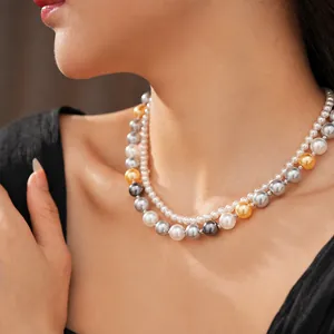 Collier double rang de perles avec pendentif magnétique style vintage français pour femme