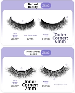 Detailed size chart for natural synthetic fiber false eyelashes ZN02 and ZN03 models