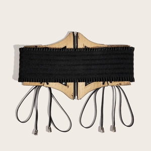 Women's wide elastic waist belt with front zipper and decorative tassels in beige and black