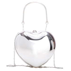 Silver heart-shaped acrylic evening clutch bag with metal handle and chain shoulder strap
