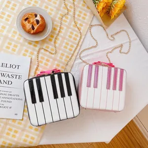 Piano Keyboard Design PU Leather Crossbody Bag Pink Bow Gold Chain Shoulder Purse Sweet Cute For Girls Women