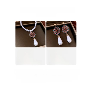 Detailed size and material information for teardrop pearl necklace and earring set