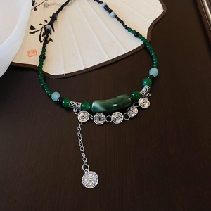 Collier En Perles De Résine Verte Style Bambou Pendentifs Pièces En Cuivre Antique Bijoux Ethniques Chinois Pour Femmes
