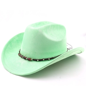 Detail of mint green suede cowboy hat featuring woven brown cord and beaded accents