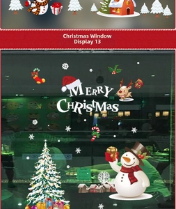 Detail of Christmas window stickers featuring snowman and reindeer for holiday decoration