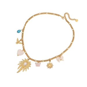 Gold stainless steel necklace with sun, butterfly, bird, and pearl charms on white background