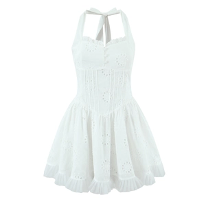Robe Mini Sexy Dos Nu Broderie Ajourée Ourlet à Volants Blanc Polyester Col en V Vintage Français Robe de Fête