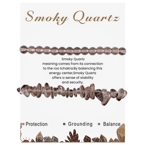 Detail of Smoky Quartz bracelet set with round beads and irregular chips on display card