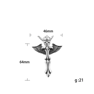 Retro punk titanium steel angel sword pendant with wings and crown, 46x64mm size