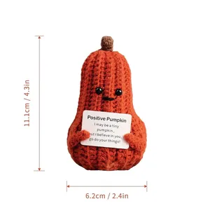Knitted orange positive pumpkin doll with motivational card for stress relief, 11cm height