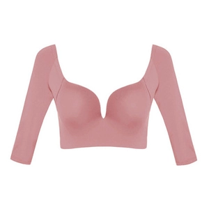 Pink seamless long-sleeve deep V-neck compression bra with supportive wired design