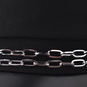 Close-up of black PU fabric with double-layered silver metal chains for punk military cap