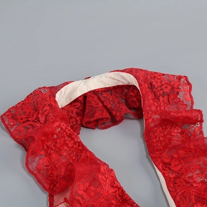 Detailed view of the red lace neckline with ruffled edges and intricate floral textures