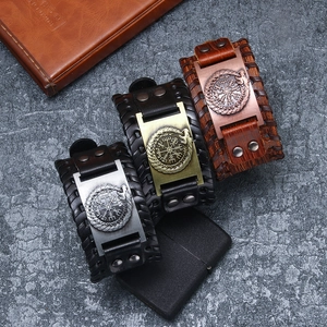 Retro leather bracelets with Viking compass metal charms in black and brown finishes
