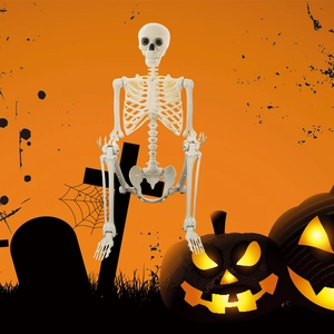 165cm life-size Halloween skeleton prop sitting on a spooky pumpkin background