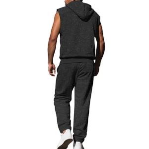 Men's dark grey hooded sleeveless sweatshirt and matching athletic joggers sports set