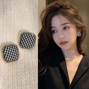 Square Stud Earrings Fabric Cloth Alloy Zircon With 925 Sterling Silver Earring Post Houndstooth Pattern Retro For Women
