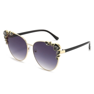 Fashion cat-eye sunglasses with gold metal frame, purple gradient lenses and rhinestones
