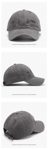 Detailed views of gray distressed baseball cap showing frayed edges and metal buckle