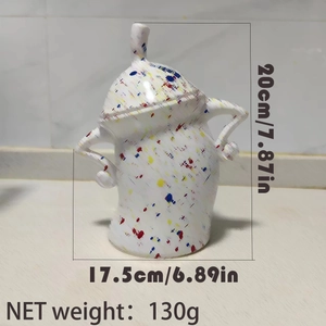 Detailed dimensions of the white splatter paint canister with hands on hips pose