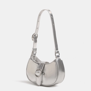 Silver glossy leather shoulder bag with adjustable strap and metal buckle detail