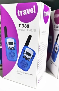 Blue kids' walkie talkies T-388 set packaging with built-in flashlight and VOX features