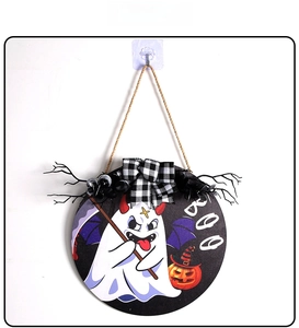 Halloween round wood sign with ghost pumpkin BOO text and checkered bow detail