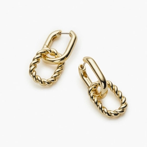 24k gold-plated interlocking double hoop earrings with twisted rope design for women