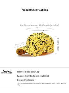 Detailed sizing chart for yellow graffiti baseball cap with adjustable strap and measurements
