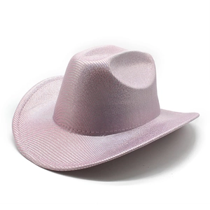 Detail of metallic iridescent pink cowboy hat with shimmering finish and wide brim