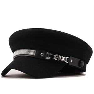 Women Vintage Newsboy Cap Rhinestone PU Leather Trim Flat Top Baker Boy Hat British Style Fashion Fiddler Hat