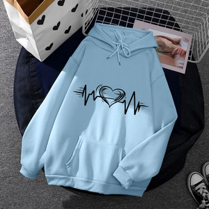 Unisex light blue fleece hoodie featuring black heart pulse print with drawstring hood
