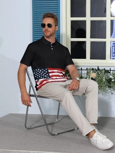 Close-up of men's polo shirt featuring a turn-down collar and American flag patchwork detail