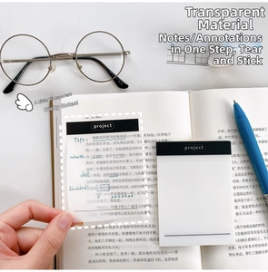 Translucent PET sticky note with Project header showing text visibility on a book page