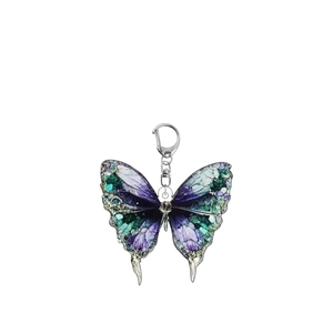 Colorful acrylic butterfly keychain with vibrant blue and purple wing patterns