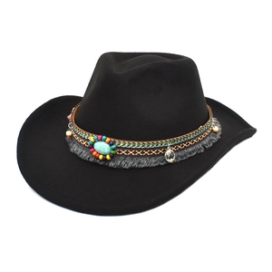 Black wool western cowboy hat with colorful beads, turquoise stone and silver coin tassel