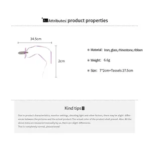 Detailed sizing chart and material specs for the purple rhinestone bow tassel hair clip