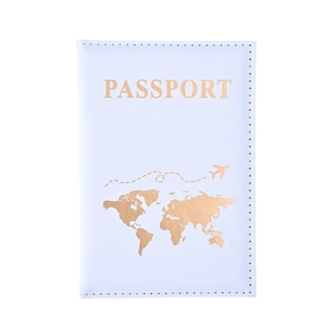 White PU leather passport holder with gold foil world map and minimalist travel design