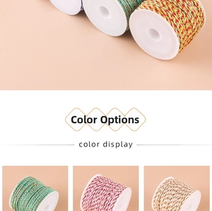 Macro detail of multi-color braided cotton cords with metallic gold thread on spools